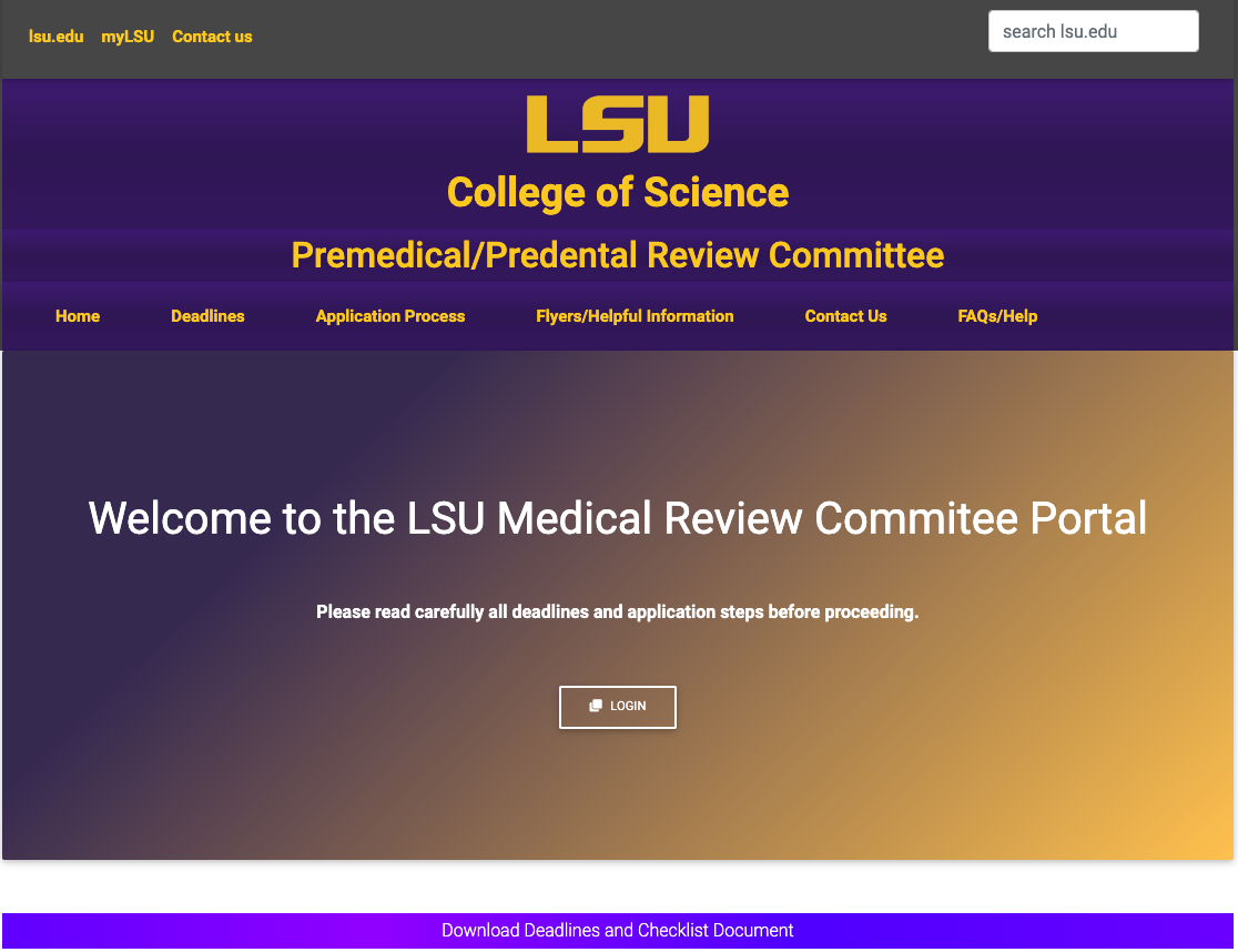 LSU Premedical and Predental Portal website screenshot